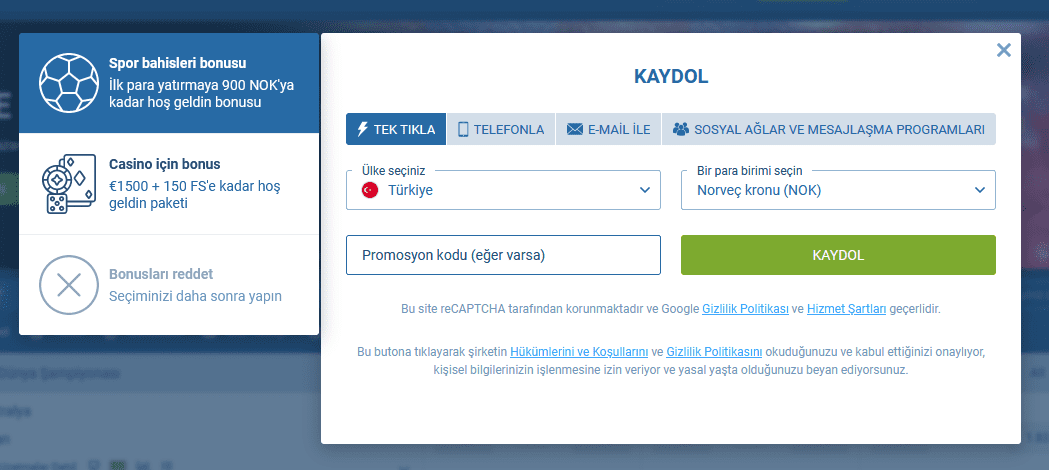 1xBet'e kayıt